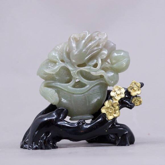 Chinese Hetian Jade Statue w Basket, Buddha Palm, Peanut, Peach